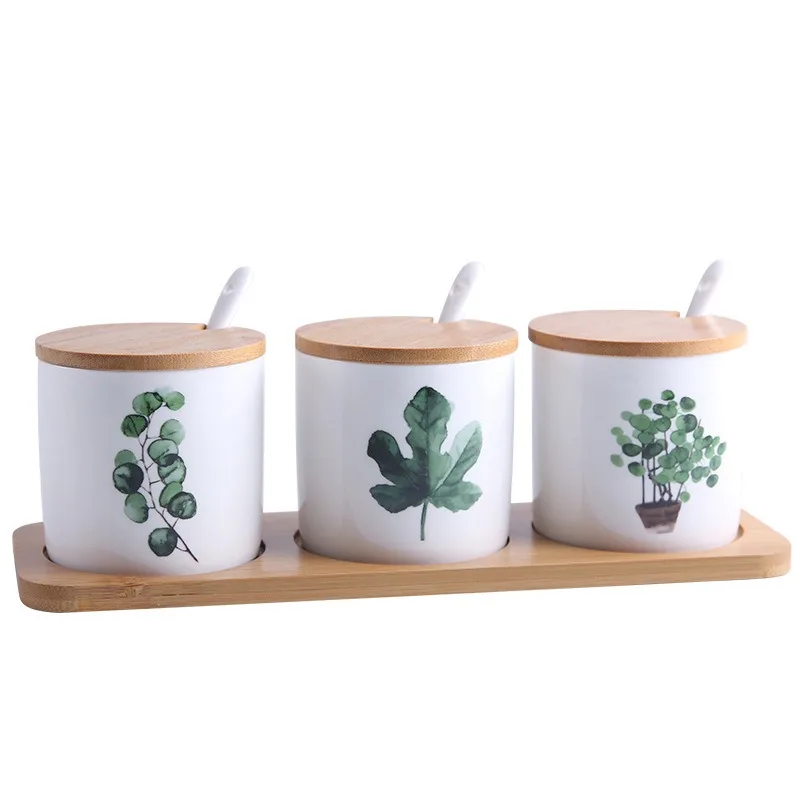 Custom Printing Airtight Ceramic Canister Food Storage Jar Kitchen Canisters with Bamboo Lids