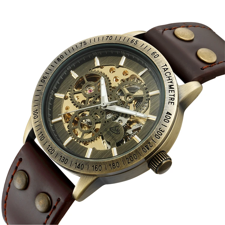 SHENHUA 36 Automatic Watch Men Skeleton Mechanical Watch Steampunk Vintage Bronze Leather Transparent Watches montre homme