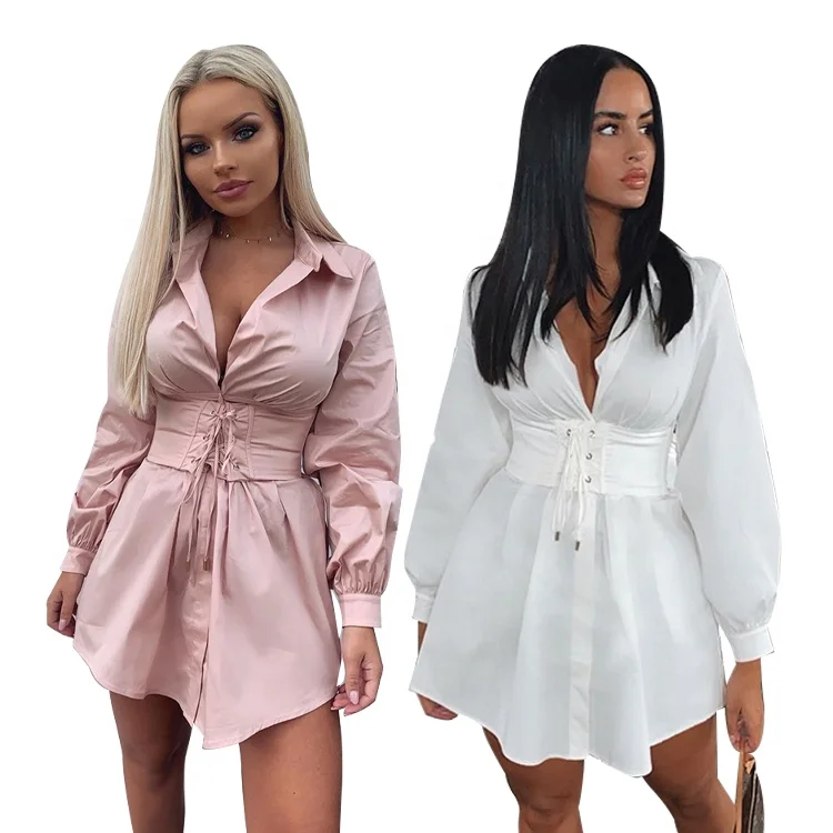 
Wholesale Autumn White Pink New Women Long Sleeve Lace Up Mini Sexy Corset Shirt Casual Dresses 