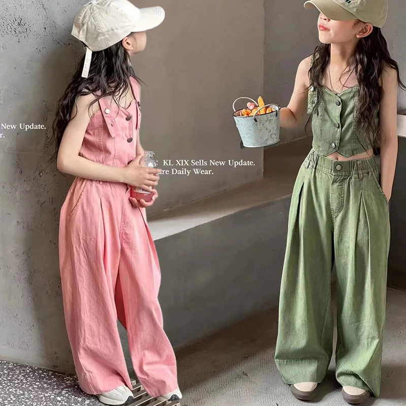 Spring Summer  kids clothes set girls 7-14 years of age  High Street Solid color Top Pants 2 Piece jean set girl Clothing