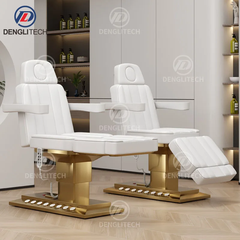 Modern Multifunctional Salon Table Massage Bed White 4 Motors Golden Base Lifting Lash Bed Beauty Massage Bed Electric