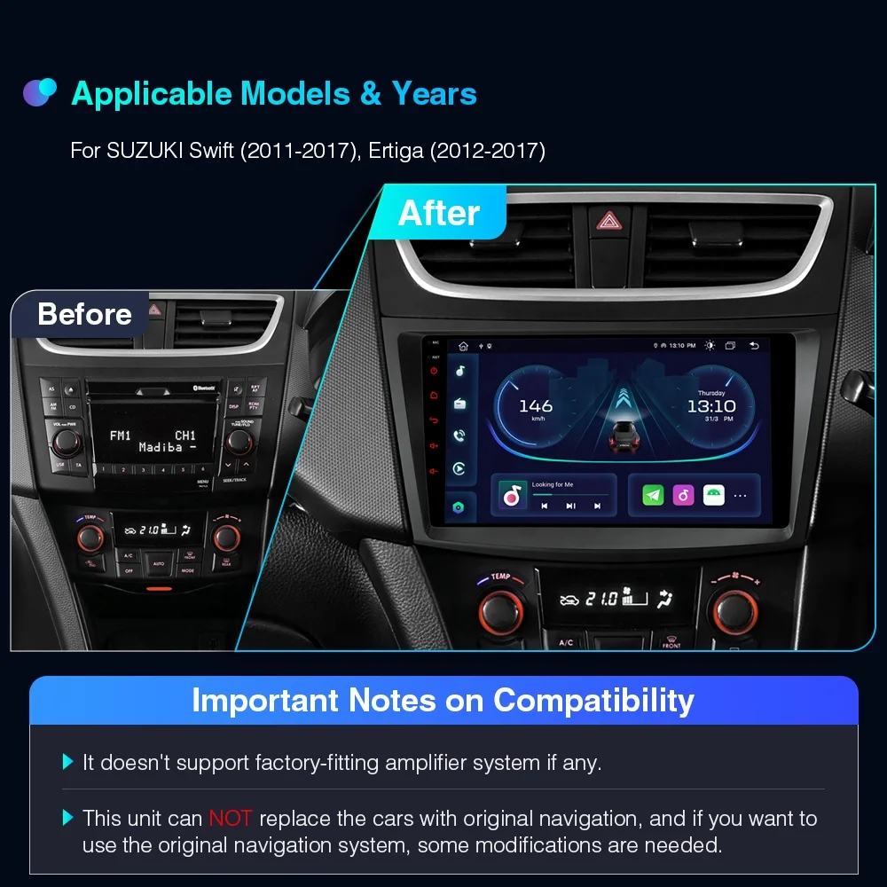 XTRONS 9 Inch Android 12 Octa Core Car Multimedia Navigation GPS Carplay DSP Car Radio For Suzuki Swift , Ertiga 2011-2017
