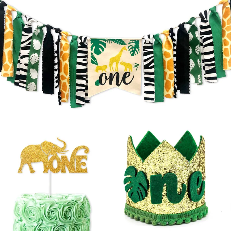 Children Birthday Green Forest Animal Theme Banner Happy Birthday Flag for Cake Decorating Supplies Baby one Year Celebration