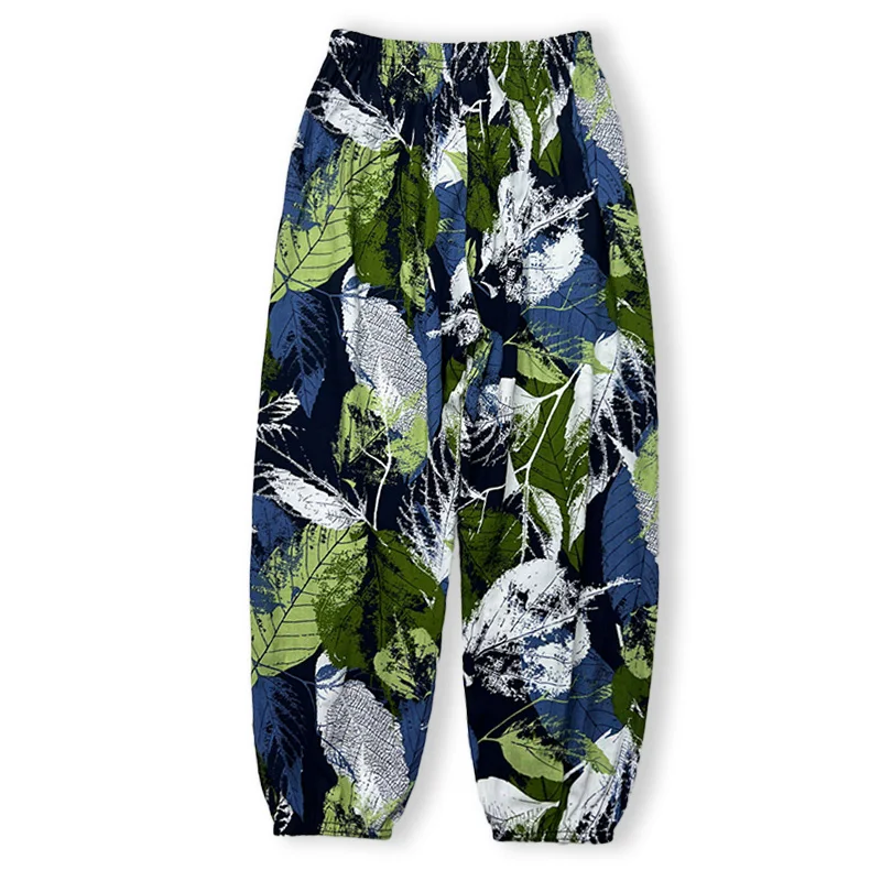 Diray Plus Korean Style Spring Summer Baby Boys Loose Air Conditioning Pajama Pants Green White Leaf Print Light Casual Home Use