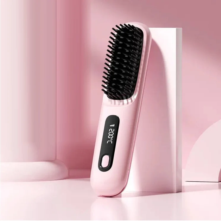 Electric LCD Usb Ceramic Heating Straight Hair Comb Wireless Portable Negative Ion Styling Tool Rechargeable Straightening Brush