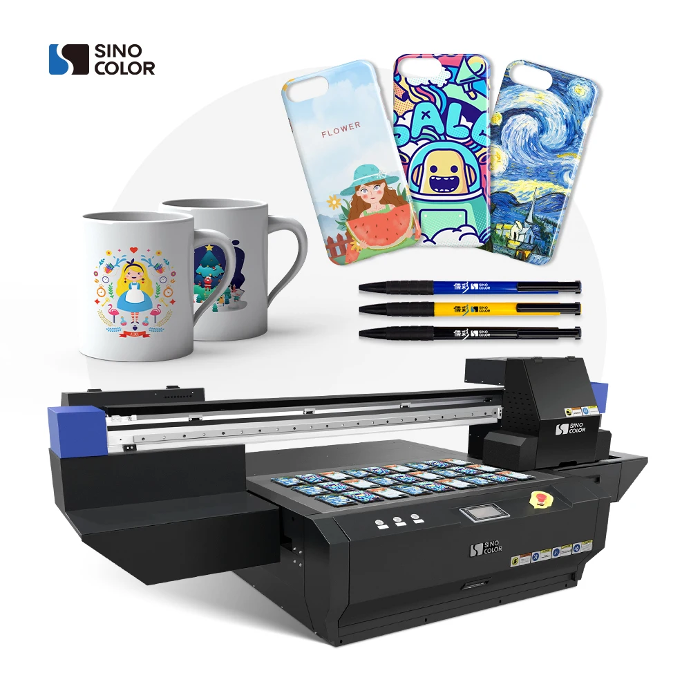 SinoColor A1 Size 2/3/4 Official i1600 i3200 Heads 2400dpi CMYK LC LM Red Green Phone Cases Pens UV Flatbed Printer With Camera