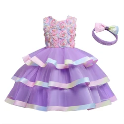 Exquisite Fluffy Pink Children Party Dress with Headwear Flower Dress for Girl 2-10 Year Tutu Dresses for Girls Wedding