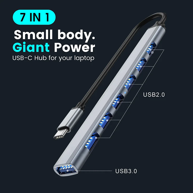 Mini 7 in 1 USB C Hub Adapter 7 Port USB 3.0 Data Transfer Hub USB C Docking Station For Pro Laptop