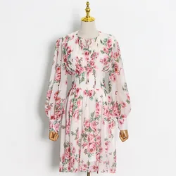 2021 Trendy Clothing Ropa De Mujer Floral Print O-collar Long Sleeve A-Line Mini Party Dress