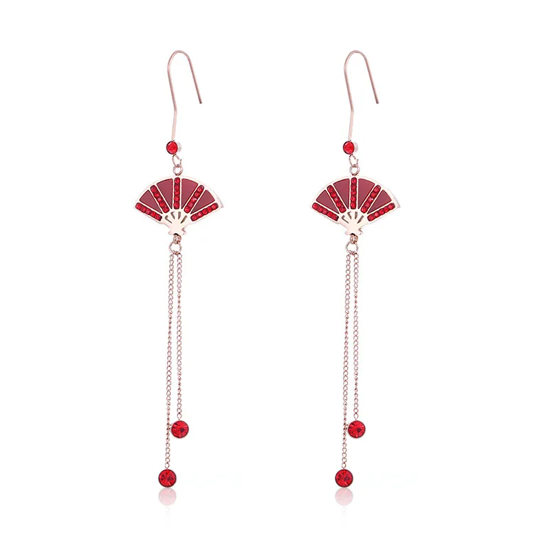 New Chinese style red fan tassel earrings fashion long earrings trend