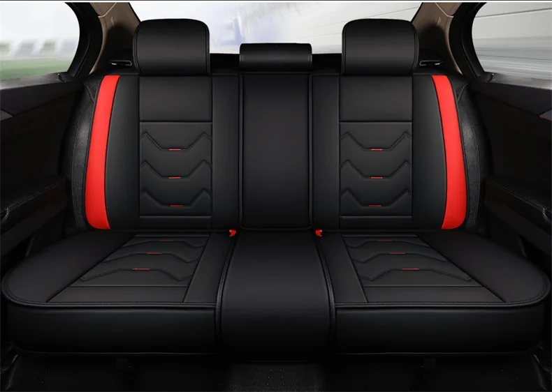 Black and Red Leather Car Seat Covers Full Set with 2 front Seat and 1 Rear Bench Waterproof for 5 Seats