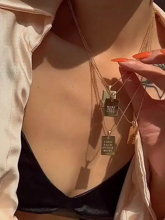 18K Gold Plated Stainless Steel Minimalist Jewelry Inspired Friendship Memorial Love Letter Rectangle Square Pendant Necklace