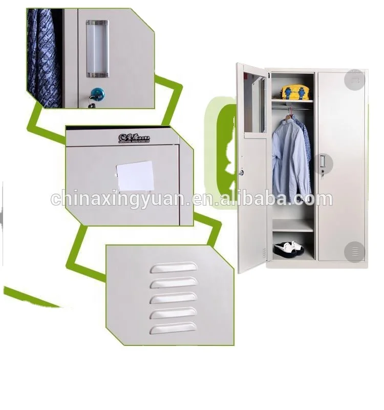 Hanging clothes storage cabinet 2 door steel locker wardrobe with mirror