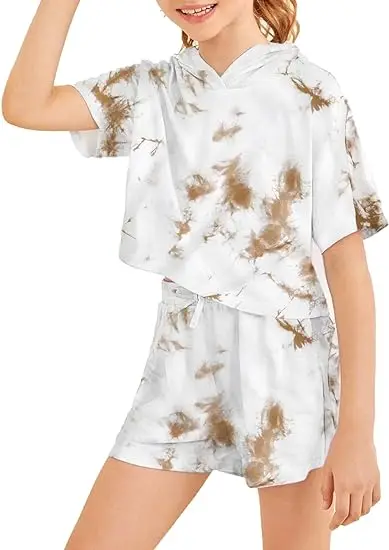 High Quality French Terry Tie Dye Girls Clothes Two Piece Short Set Summer Breathable Kids Clothing Sets