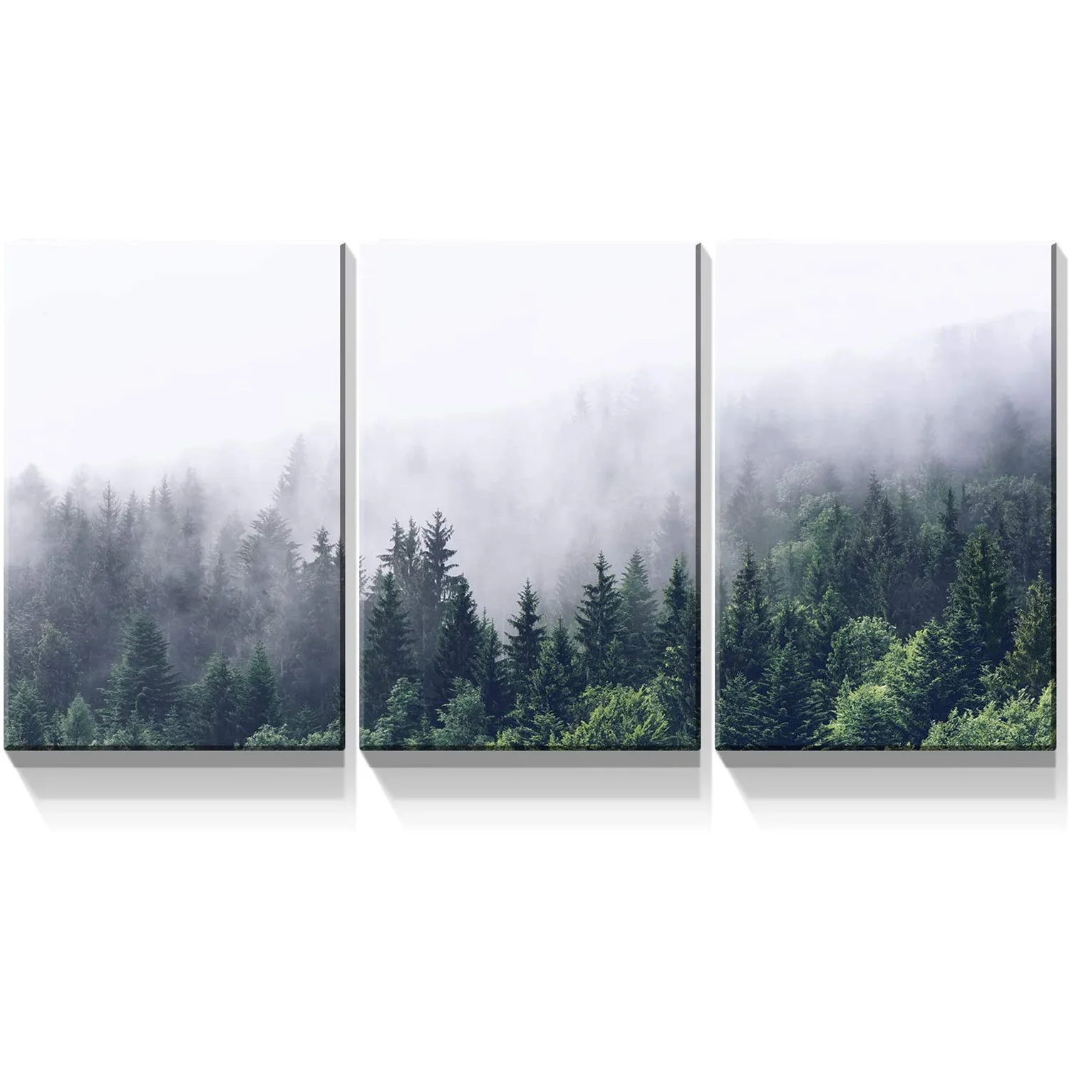 Misty Forests Of Evergreen Coniferous Trees 3 Panel Oil Painting Modern Wall Art Set For Living Room Decor Custom Canvas Print