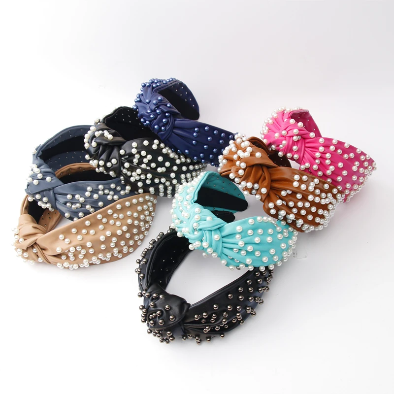 Luxury Pearl Knot jeweled Leather Beaded Knotted headbands women bride knotted pearl wedding baroque designer headband