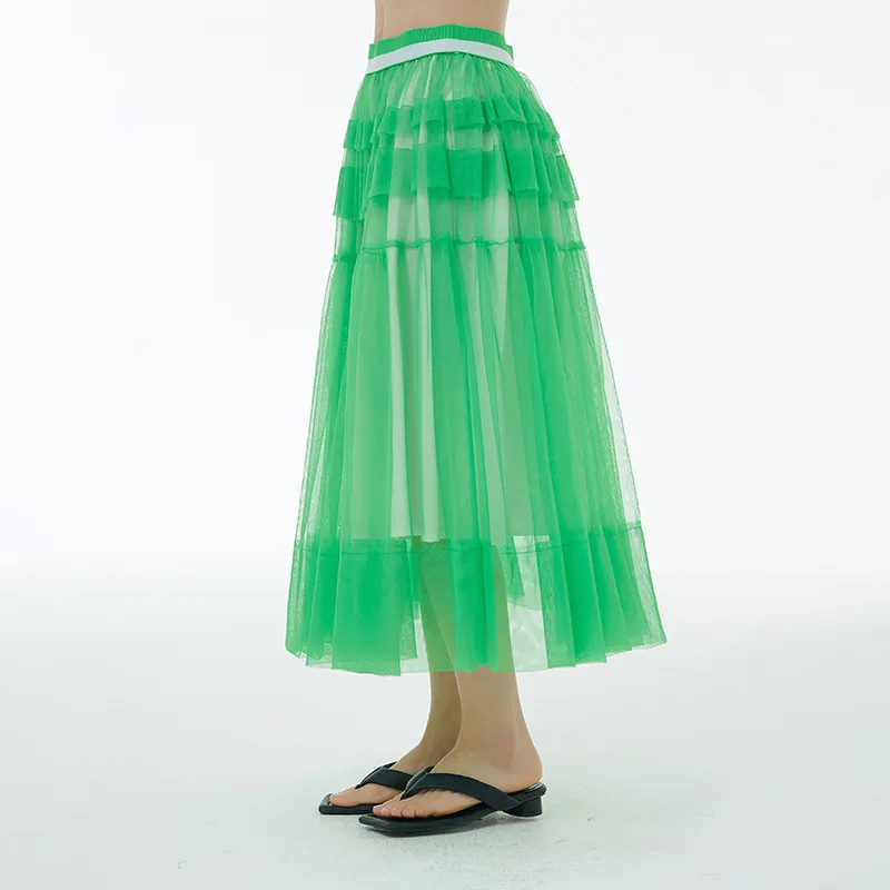 Patchwork Mesh Skirt For Women Female Fashion New Spring High Waist Casual Cake TWO Layers Ball Gown Skirts