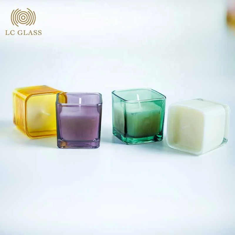 color glass candle with lid container 50 ml square glass candle jars for home decoration