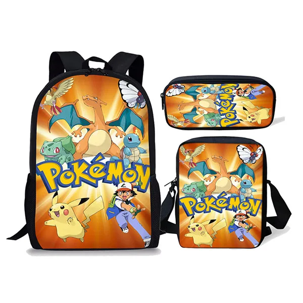 3PCS School Bag Set Cartoon Anime Pokemon Kids Backpack Girls Boys Orthopedic Children Travel Daypack Pikachu Bookbags