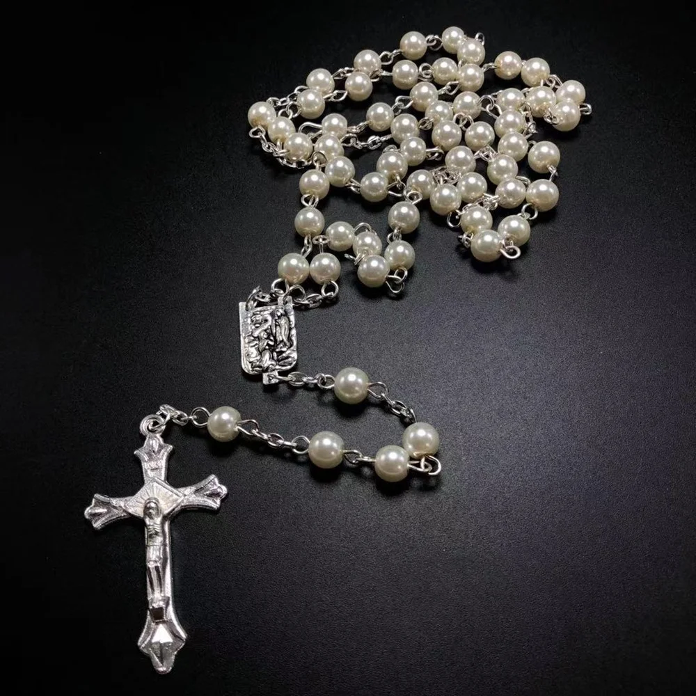 6mm Red Color Glass Pearl Beads with Coral Rose Beads Rosary with Louders Center Piece and Crucifix