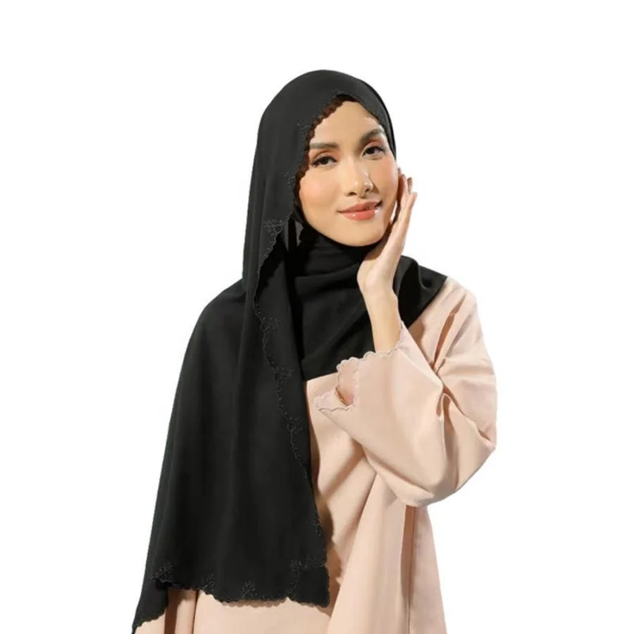 Custom  Premium  chiffon Embroidered Edge For Women Hijab Shawls Malaysian  Scarves Chiffon Sulam shawl