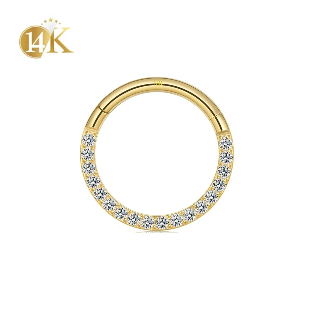 Custom 14k Solid Yellow Gold Hip Hop Hinged Segment Clicker Paved Bling CZ Jewelry Septum Daith Wholesale Piercing Ring