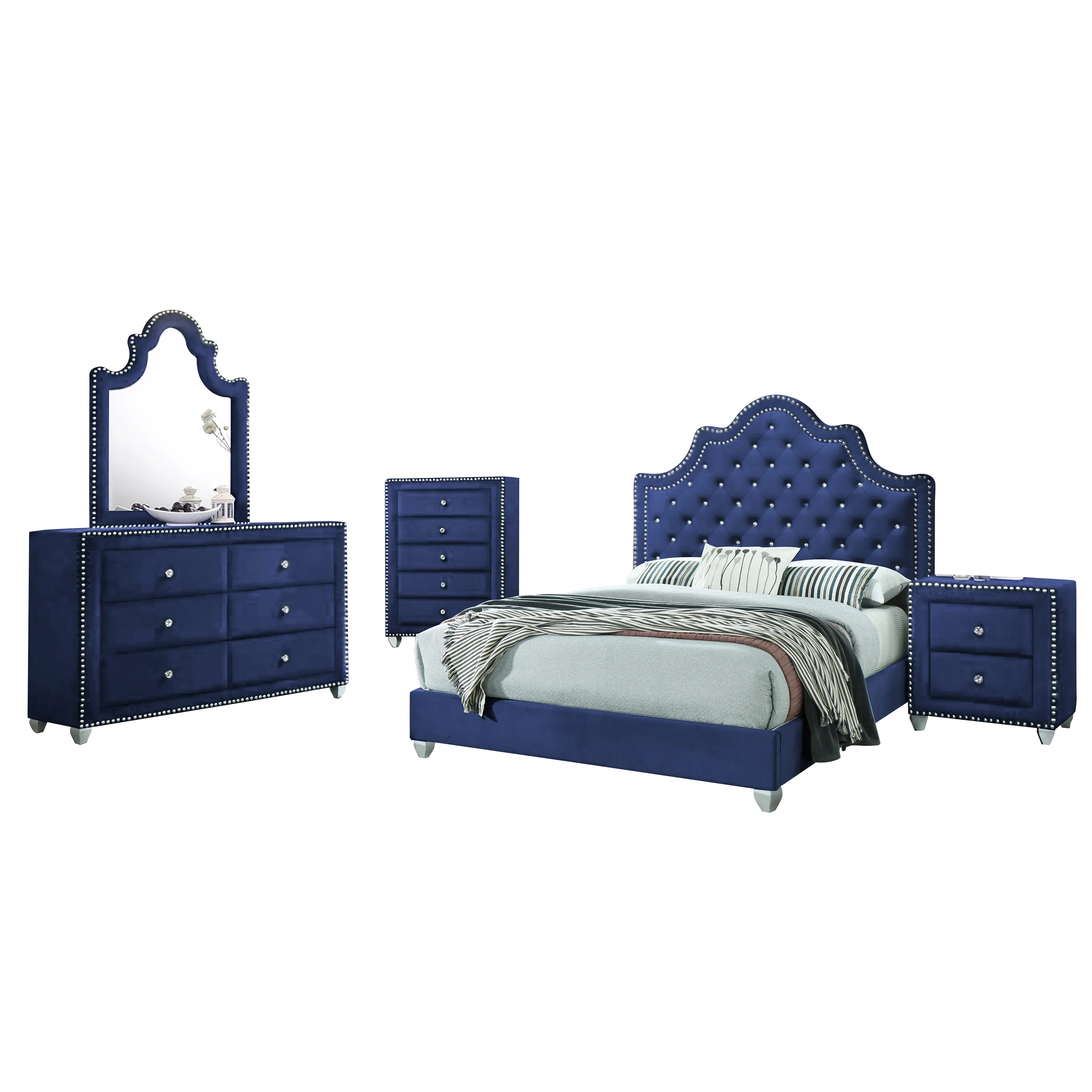 Morgan 5 Pcs Upholstered Bedroom Queen Set Velvet Blue Bed/ Dresser/ Chest Of Drawer/ Night Stand And Mirror With Studding