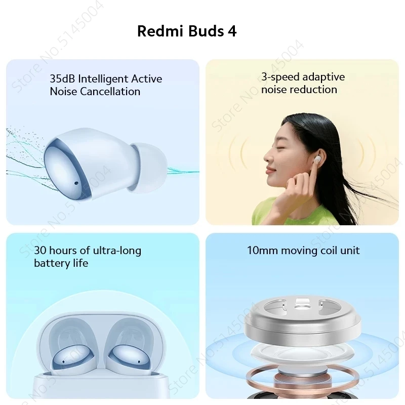 Original Global Version New Xiaomi Redmi Buds 4 TWS Earphone Noise Cancelling 2 Mic 30 Hour Battery Life IP54 Wireless Headphone