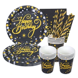 NEW Disposable Serves 24 Tableware Set Gold Black Happy Birthday Party Paper Plates Napkin Cup Set Party Plate Set For Birthday