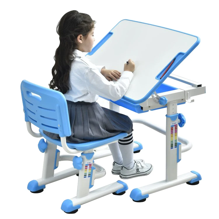 Height Adjustable Ergonomic Children Study Desk Table and Chair Set with Titling Top for Kids (pink/Blue/grey)