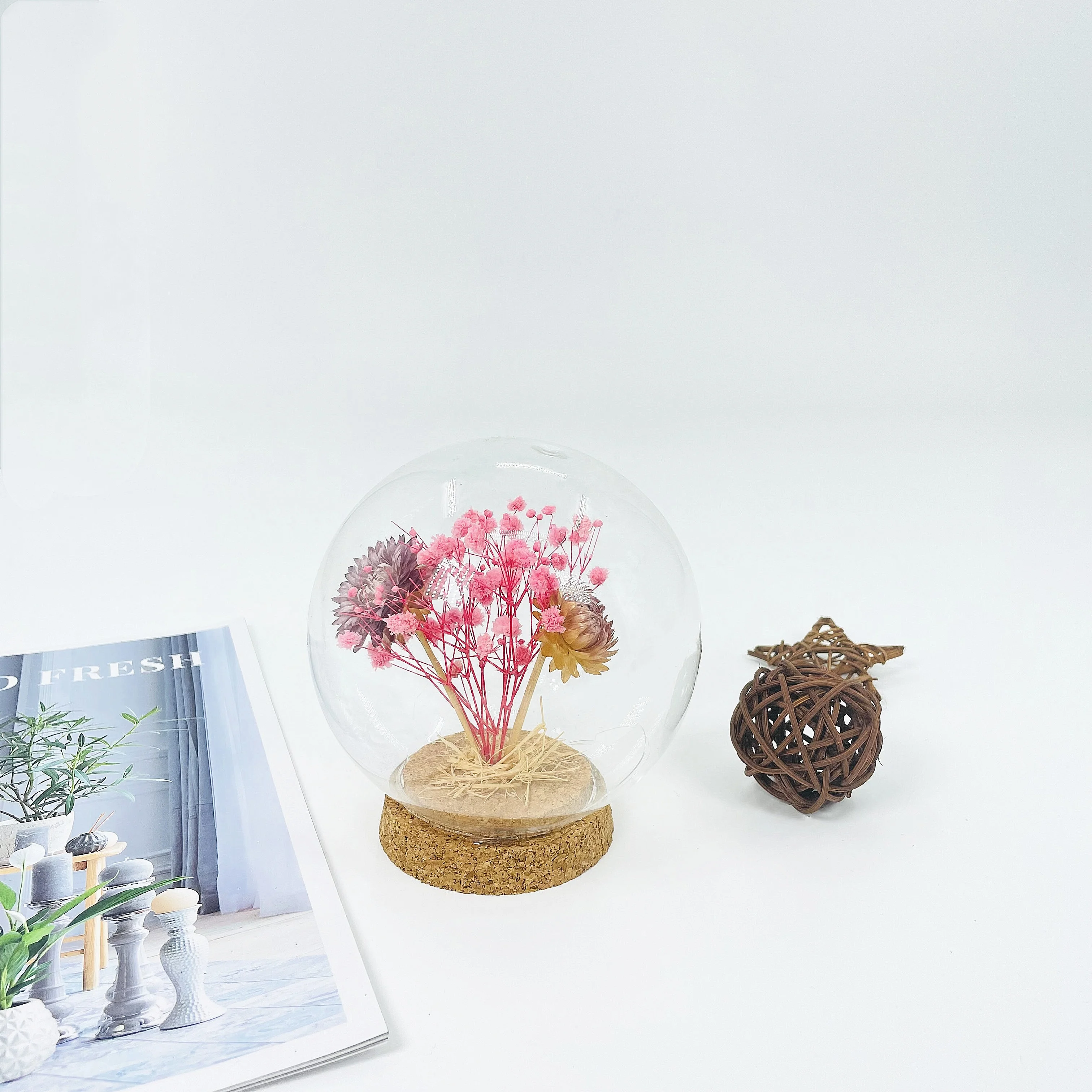 Лидер продаж, стеклянный шар на пробковой основе с высушенными цветами для украшения дома