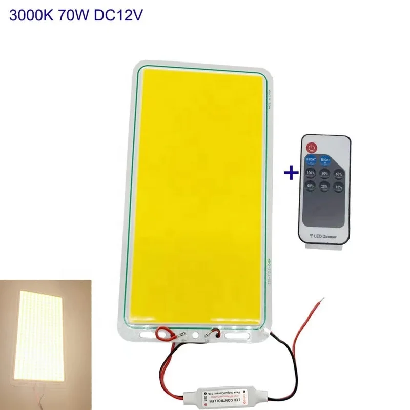 Ultra Bright DC 12V COB LED Panel Light with Remote Control Dimmer, Max 70W 7000LM Chip Strip, LED Module for Outdoor Camping