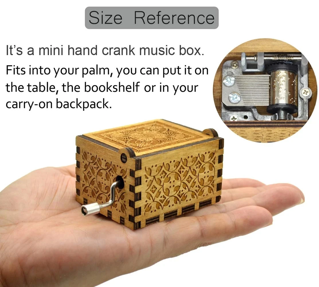 High quality mini hand crank wooden music box Laser Engraved letters