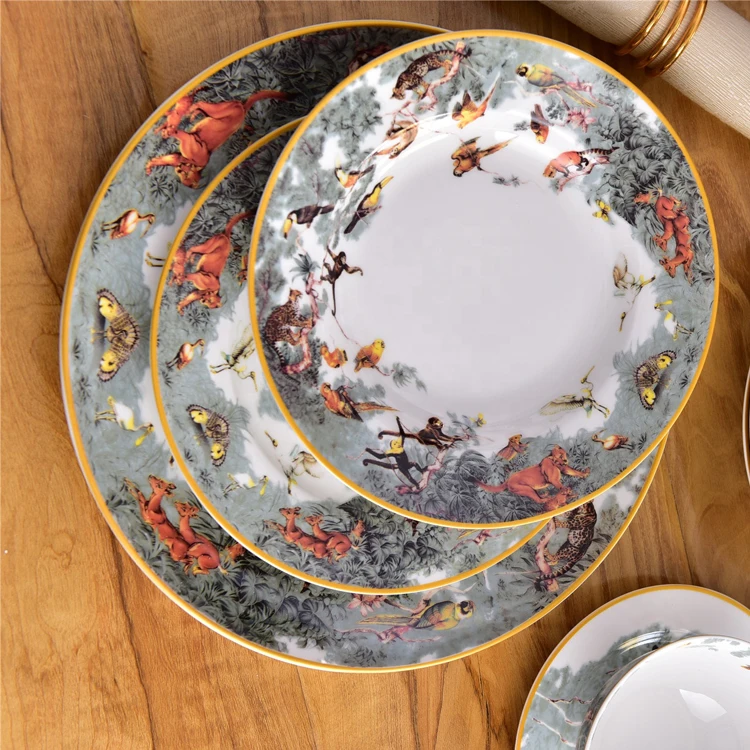 Western ceramic 58pcs Cookware Equator Jungle Series Tableware Set Bone China Bowls and Plates Porcelain Dinner set