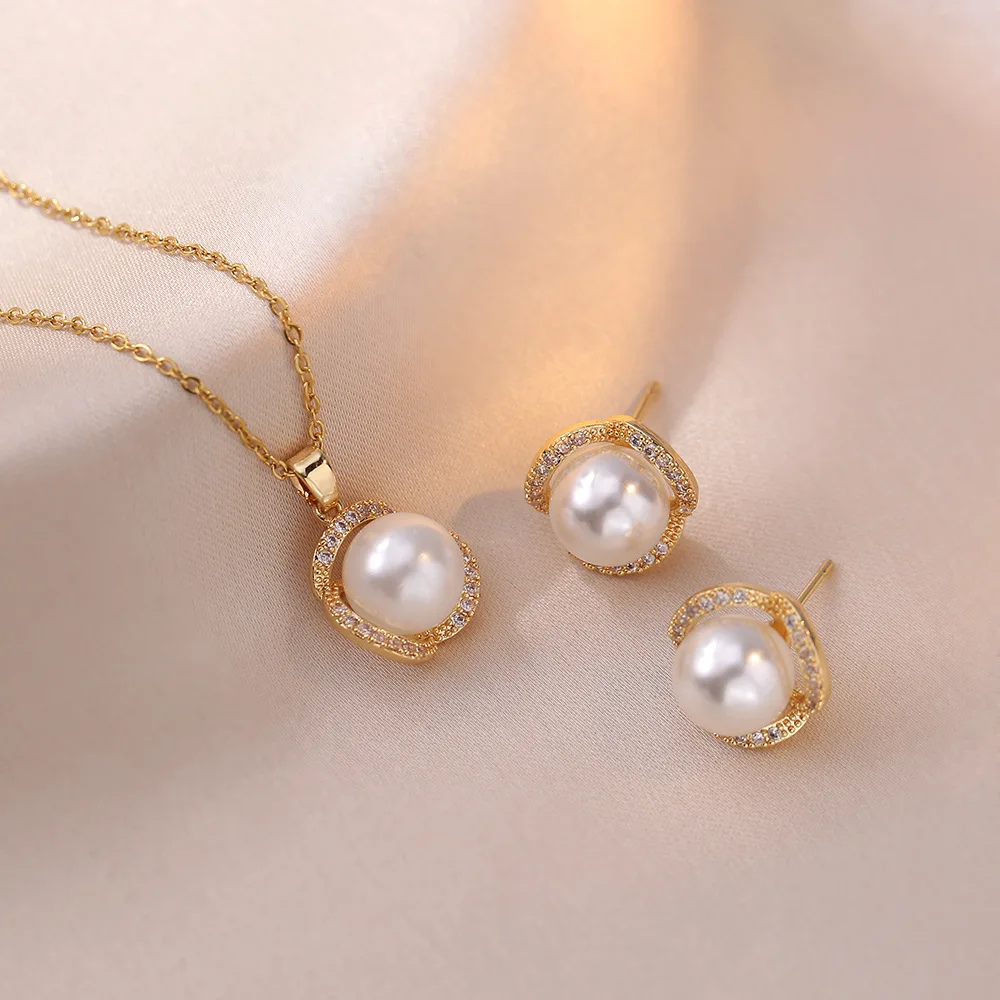 Luxury Jewelry Sets  Fine Jewelry 18K Gold Plated Cubic Zircon Necklaces Earrings  Big Pearl Necklace Set
