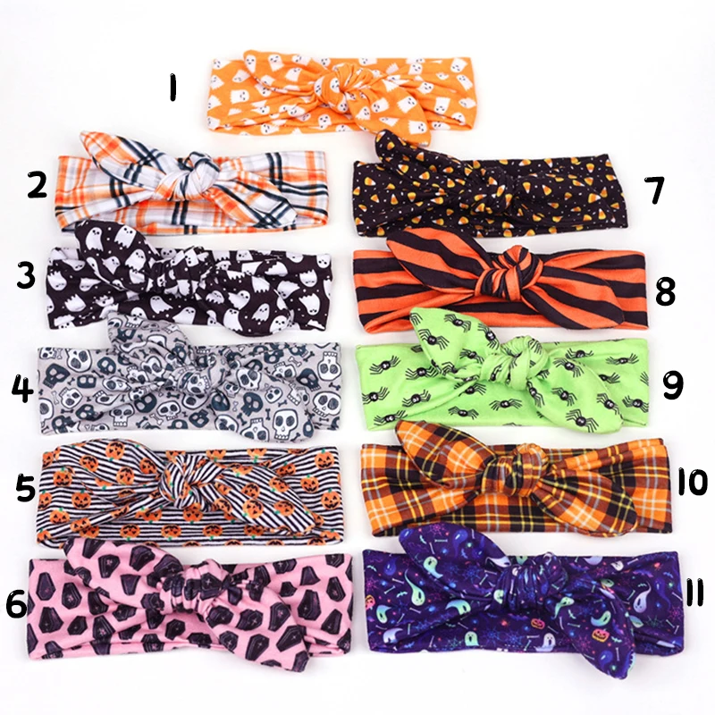 New Striped/Plaid/Skull Print Bow Headband Infant Baby Top Knotted Bunny Ear Headbands Girls Kid Halloween Head wear