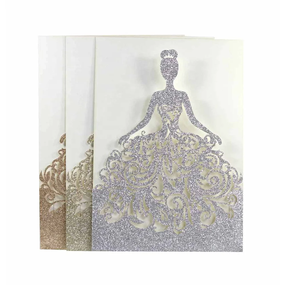 Custom Glitter Laser Cut Luxury Bride Wedding Invitations with Ribbon and Envelopes Greeting Card Set