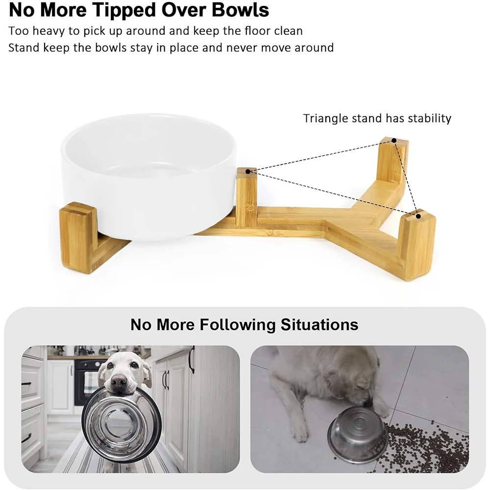 Dog Bowls Ceramic Small Cats Food Water Bowl Set with Wooden Stand Puppy Bowls for Dogs and Cats White Dog Dishes Pet Feeding