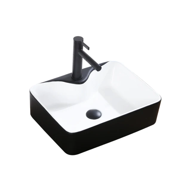 Square Bathroom Black Ceramic Round Countertop Wash Basin Bowl White Table Top Lavatory Sink