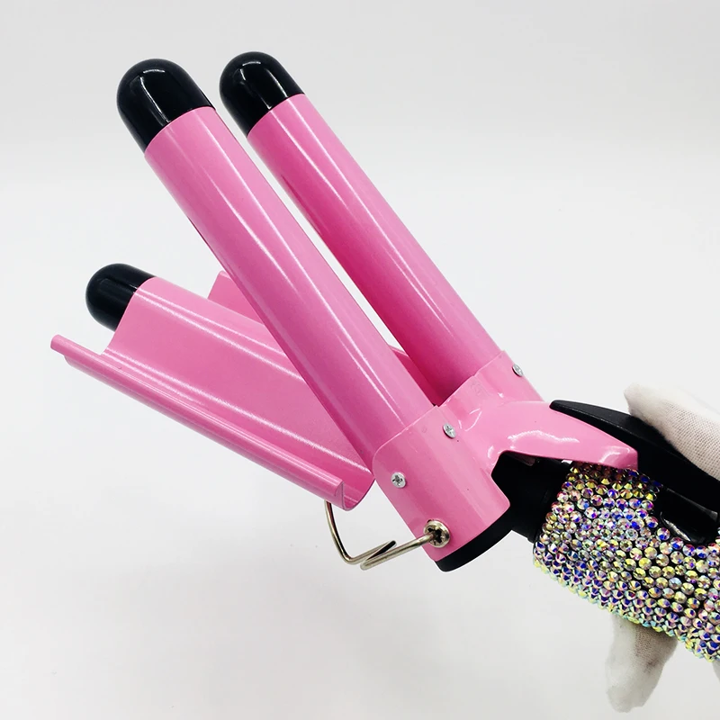 LCD Display Bling 3 Barrel Curling Iron Wand Triple Pink Crystal Hair Crimping Iron