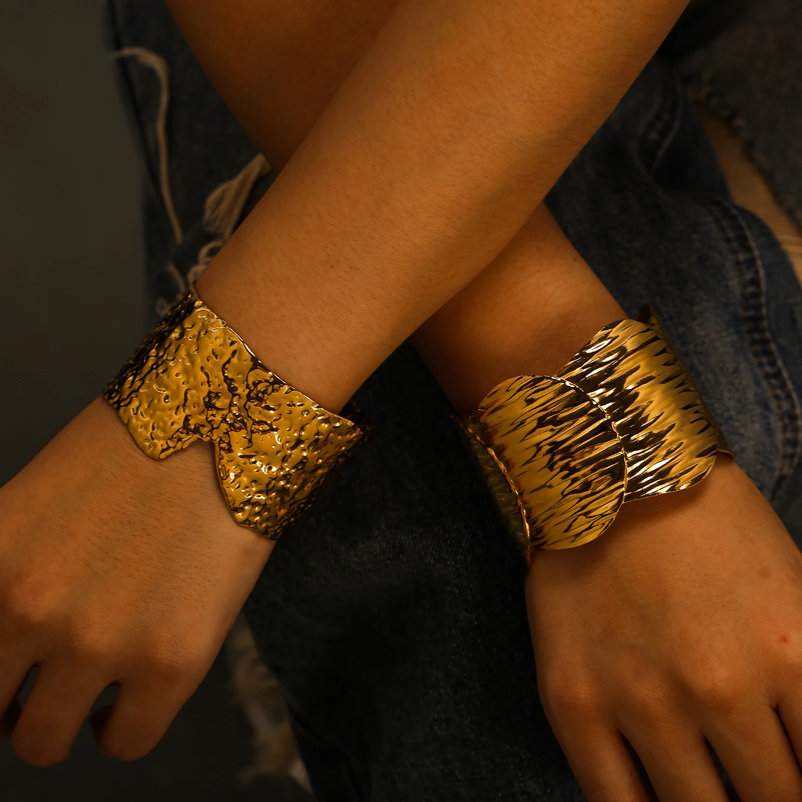 Statement French Style Wide 18k Gold Plated Cuff Bangle Non Tarnish Stainless Steel Cuff Bangle Bracelet Jewelry