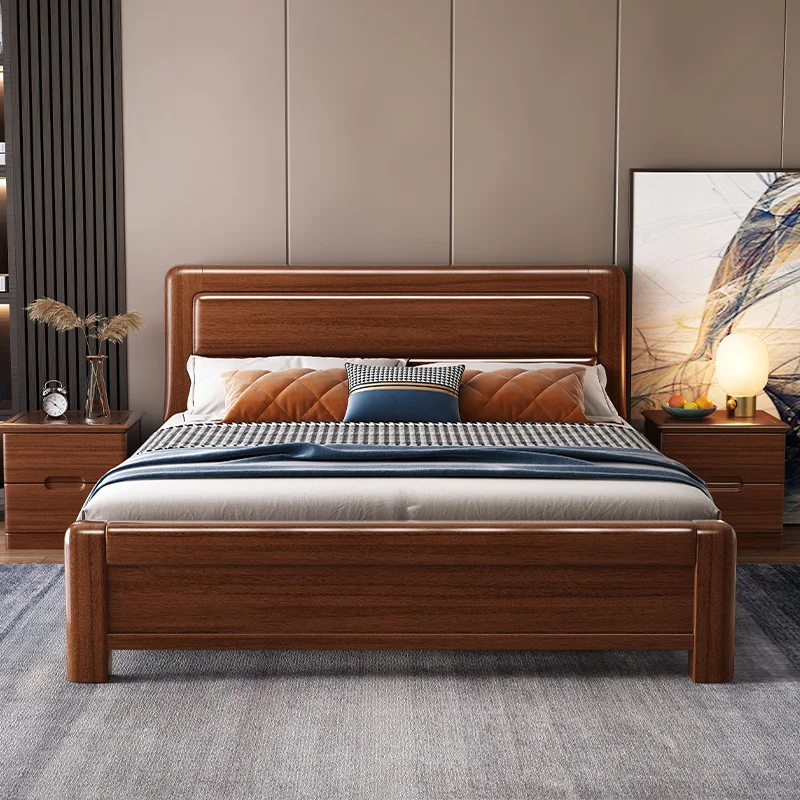 Luxury bedroom furniture set walnut bed modern Chinese double solid wood bed 1.8m wedding storage king bed