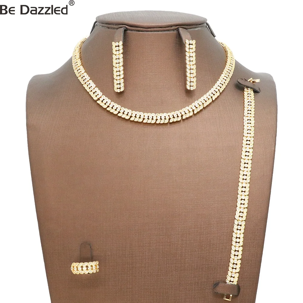 Dubai 4 Pcs Womens Bridal Bridesmaid Gift 24k Gold plated AAA Zircon Round Chain Jewelry Kit Set For Women 2021 Jewelry Set