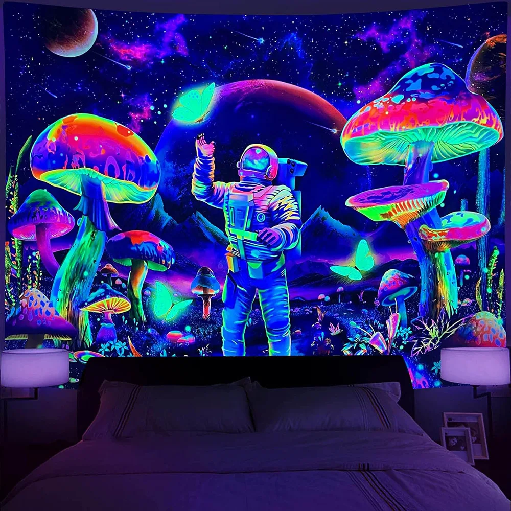 Psychedelic Fluorescent UV Active Tapestry Blacklight Tapestry Wall Hanging Mushroom Wall Tapestry for Home Decor