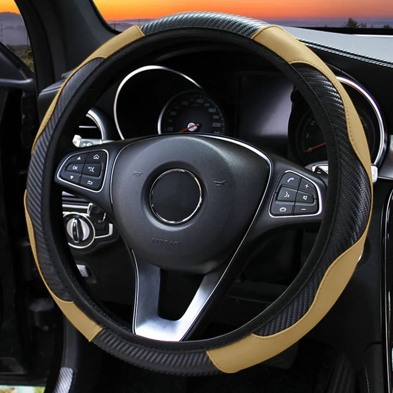 Carbon Fiber Car Steering Wheel Covers without Rubber Elastic Band Stretch Leather Steering Wheel Cover