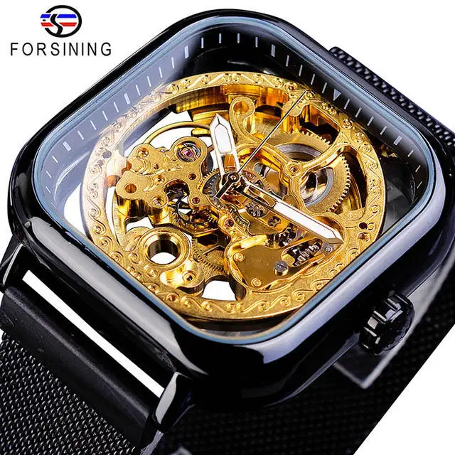 Forsining Watch Mechanical Skeleton Watches Gold Square Transparent Luxury Gold Relogio Masculino Erkek Kol Saati 7 Buyer