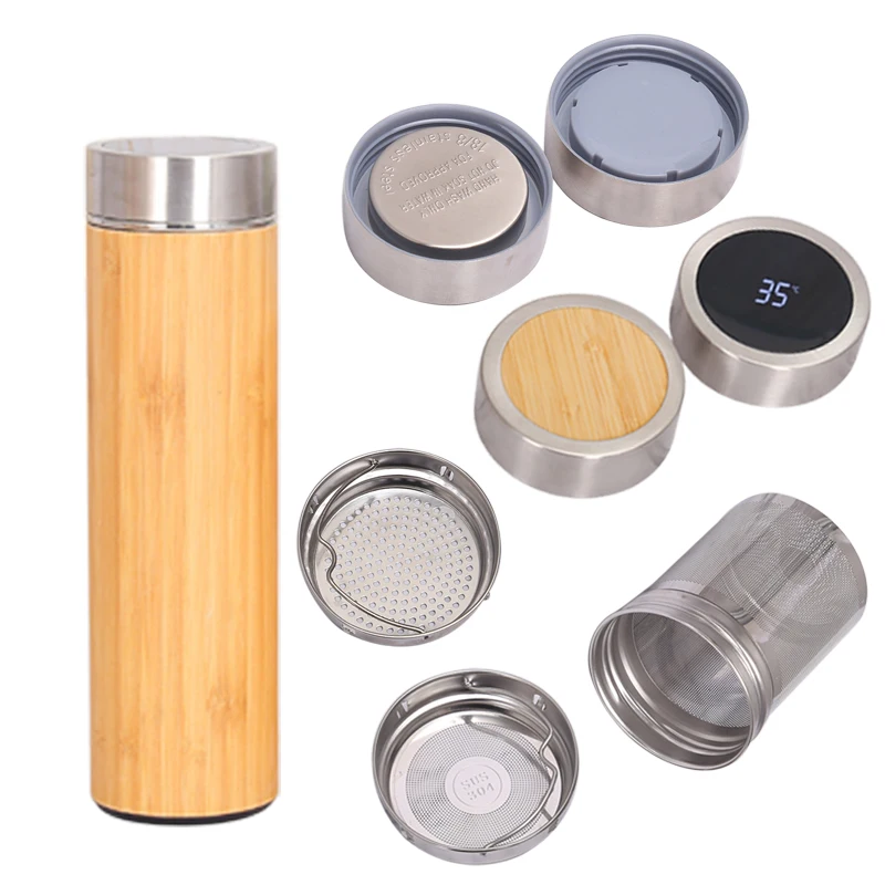 2024 Smart bamboo water bottle double wall stainless steel  bottle bamboo thermoses with LED Temperature Display