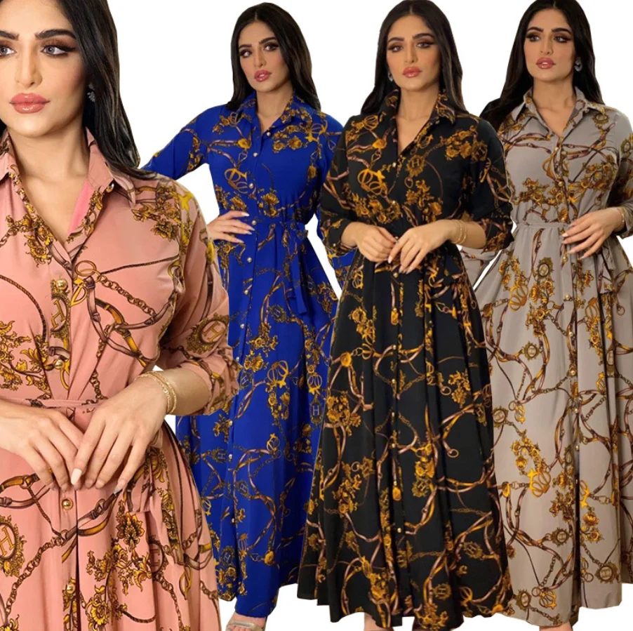 Middle East Plus Size Floral Muslim Dresses Women Long Sleeve Lace Up Slim Elegant Button Long Shirt Party Dresses