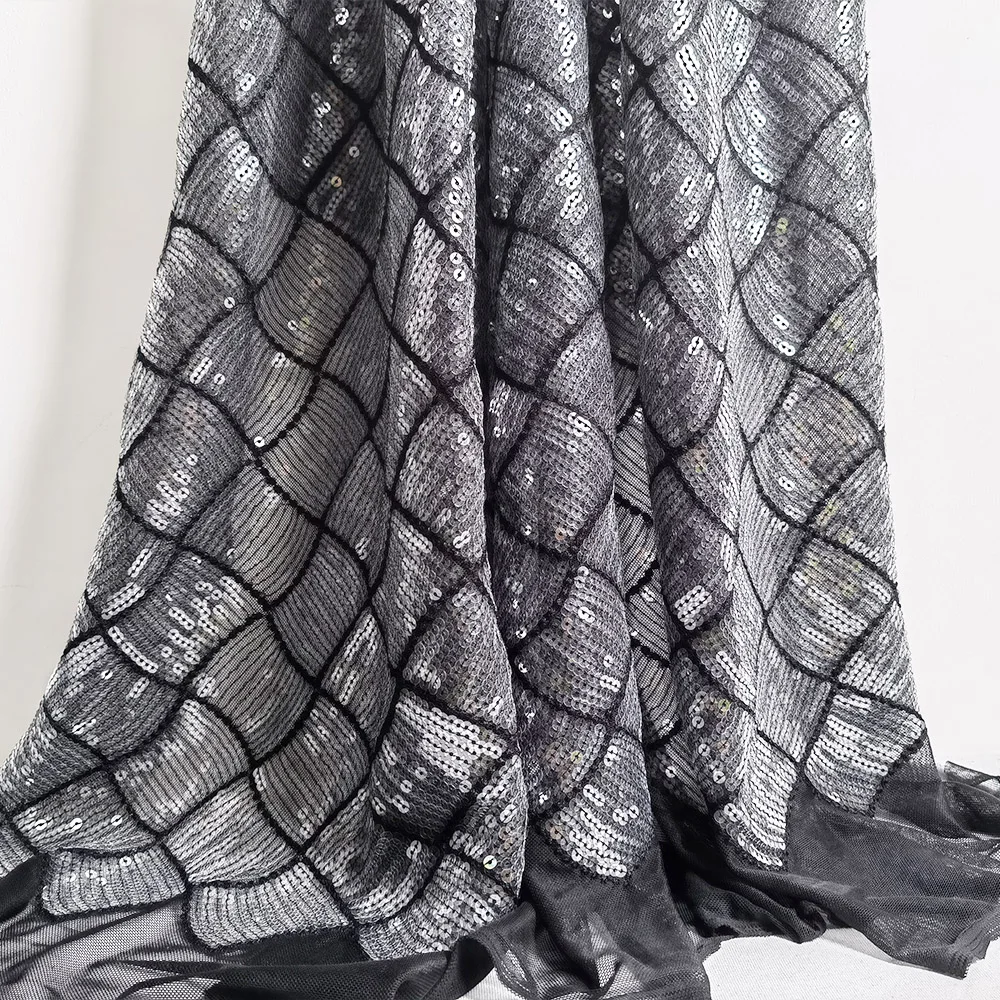 Silver Black Sequin Tube on Tulle Geometric Embroidered Lace for Disco Dress