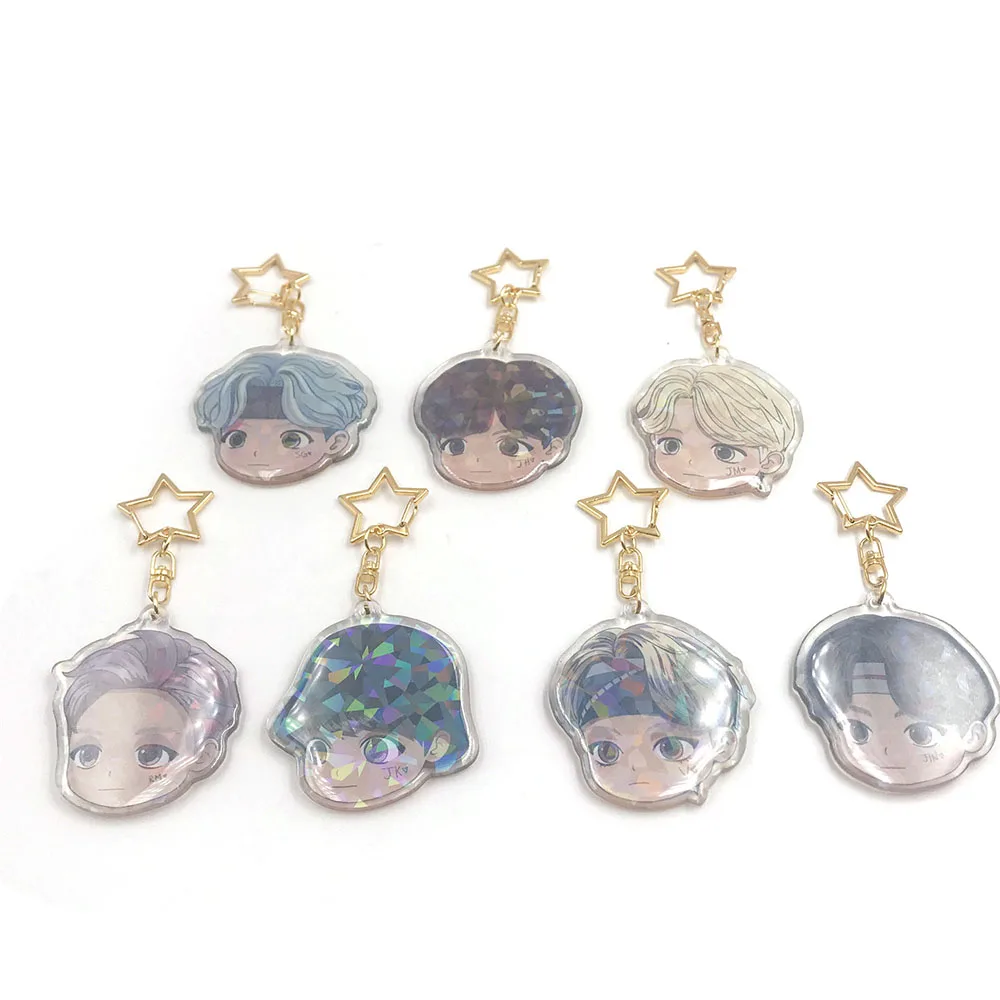 Key Chain Charms Holographic Acrylic Keychain Transparent Clear Two Side Anime Glitter Acrylic Zinc Alloy Digital Printing Kpop